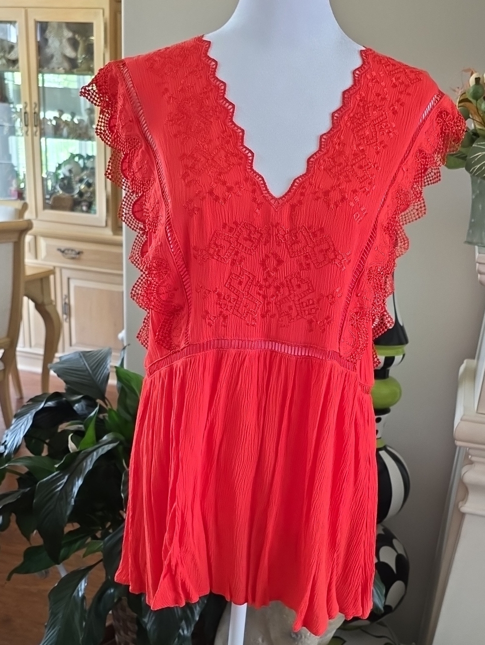 Adiva Coral Red Embroidered V-Neck Blouse